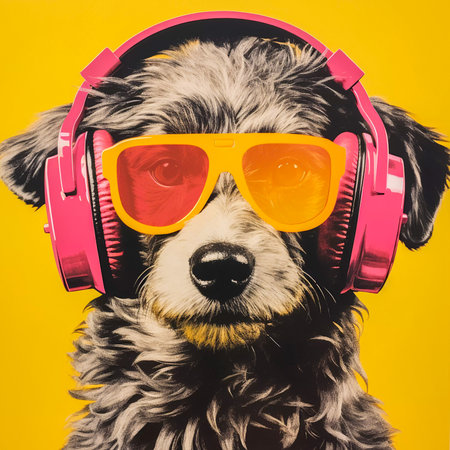 Vintage Vibes: Album Art and Poster with Hipster Vintage Portrait of an Anthropomorphic Dog, AI Generatedの素材