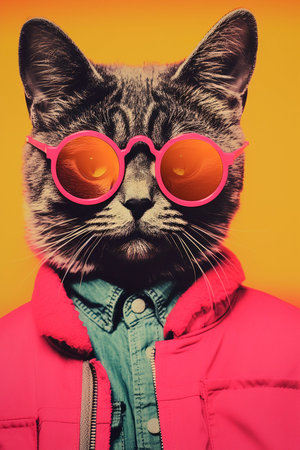 Cool Cat Chronicles: Album Art and Poster Featuring a Hipster Vintage Portrait of an Anthropomorphic Cat, AI Generatedの素材