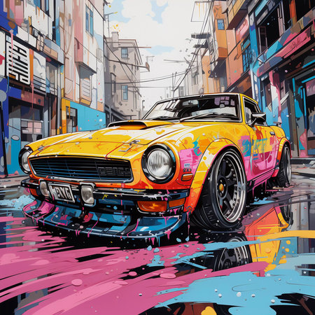 Japanese car tuning Bosozoku, graffiti poster art illustration, AI Generatedの素材