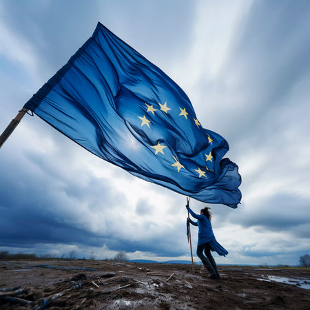 Young woman holding European Union flag in the wind over cloudy sky. Generative AIの素材