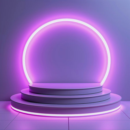 Abstract scene podium illuminated by neon. Award ceremony concept. 3d render Generative AIの素材