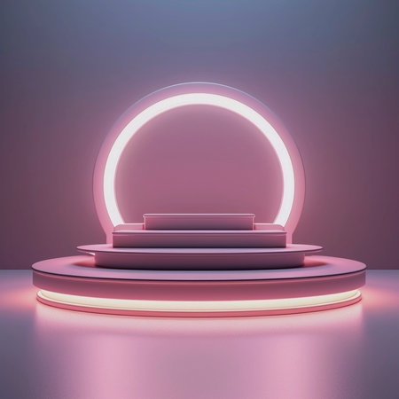 Abstract round podium illuminated with neon light. Mock up, 3D Render Generative AIの素材