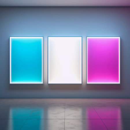 Illustration of three empty frames in blue and pink colors on the wall Generative AIの素材