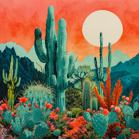 Abstract cactus poster art, vintage style, Generative AIの素材