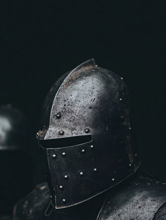 Ancient iron helmet of the medieval knight close-up on a dark backgroundの素材