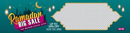 Ramadan Sale, web header or banner design with with illustration of writing ramadan sale and flat 50% off offers on floral pattern background.のイラスト素材