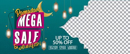 Ramadan Sale, web header or banner design with with illustration of writing ramadan sale and flat 50% off offers on floral pattern background.のイラスト素材