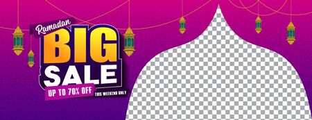 Ramadan Sale, web header or banner design with with illustration of writing ramadan sale and flat 70% off offers on floral pattern background.のイラスト素材