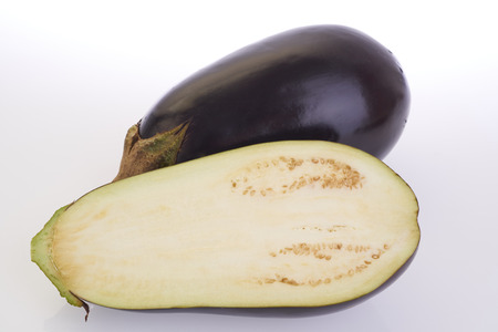 close up eggplants isolated on white backgroundの写真素材