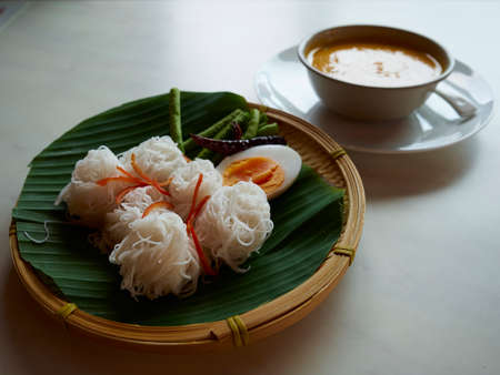 boiled Thai rice vermicelli usually eaten with curriesの写真素材
