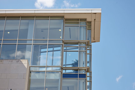 Blue mirror glass facade skyscraper buildings cityの写真素材