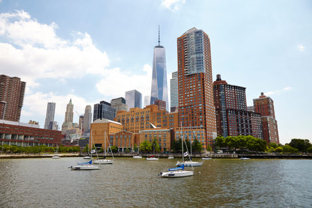 New York City Manhattan midtown aerial panorama view with skyscrapers and blue sky in the dayのeditorial素材