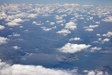 blue sky with clouds closeup - beautiful sparse cloudsの写真素材