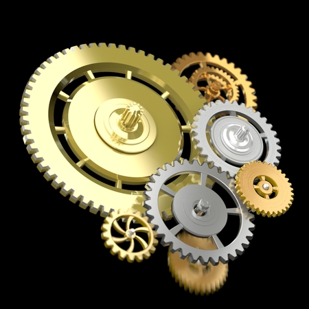 Metal collage of gears isolated on gray backgroundの写真素材