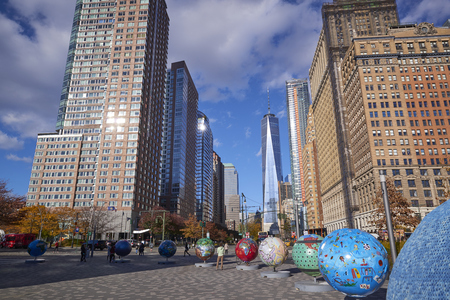 New York City - November 10, 2016: World Trade Center from Battery Park in Manhattan, New York.のeditorial素材