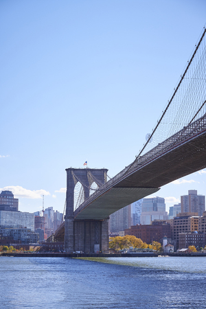 The Brooklyn Bridge and Lower Manhattan skyline seen from Brooklyn Bridge Park.の写真素材