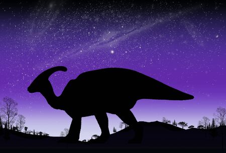 dinosaur flat art night mountain landscape with stars and bright moonの写真素材