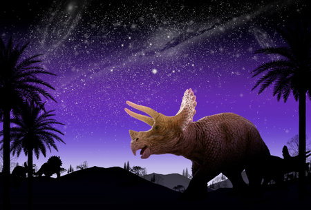 dinosaur flat art night mountain landscape with stars and bright moonの写真素材