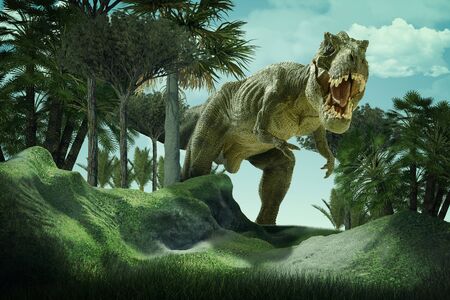 scene of the giant dinosaur destroy the parkの写真素材