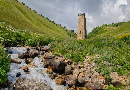Old lonely tower in Georgia - Caucasus mountainsの写真素材