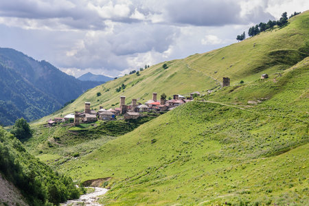 old village on caucasus mountainの写真素材