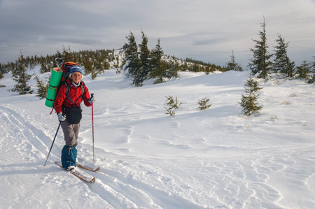 A smily woman cross country skiing in the mountainの写真素材