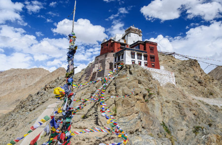 Prayer tibetan flags near the in Leh Palace, Ladakhの写真素材