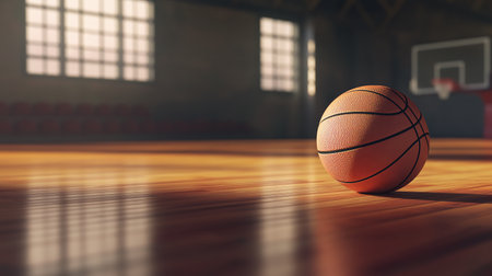 Basketball sits on wooden floor in an empty court. Basketball ball in basketball court. Basketball on empty room.の素材