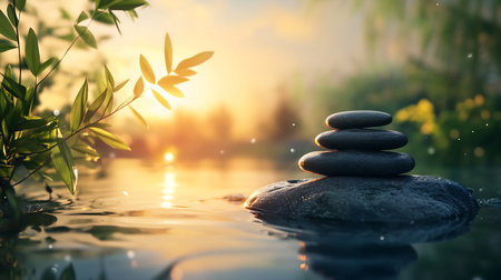 Zen stones in the water at sunset, Concept of Zen and meditation.の素材