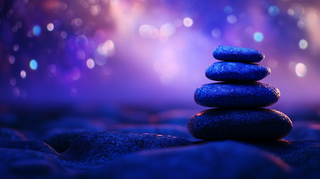 Spa stones on a background of purple and blue bokeh.の素材