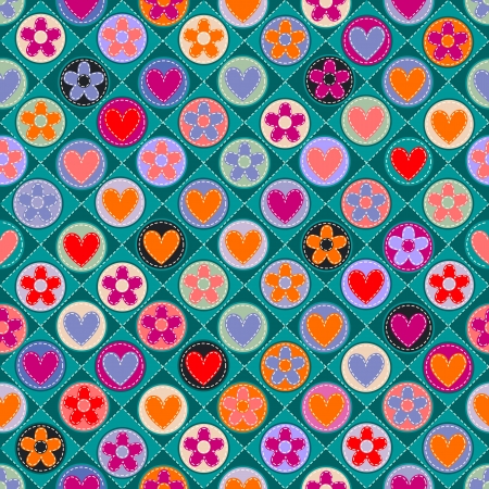 seamless check with hearts, flowers and stitchesのイラスト素材