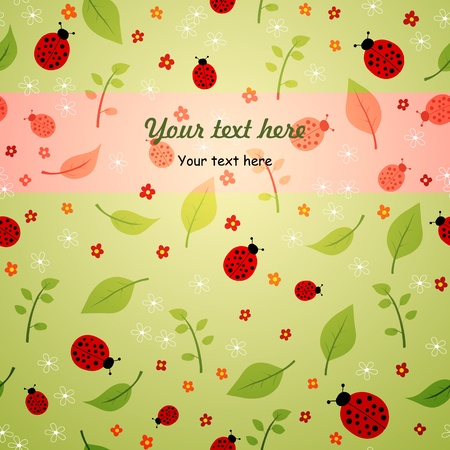 summer background with leaves, flowers and ladybirdsのイラスト素材