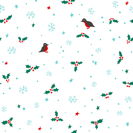 Seamless christmas pattern with snowflakes, stars, holly, and birdsのイラスト素材