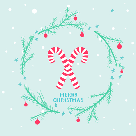Cute Christmas card with candies and spruce branchesのイラスト素材