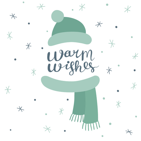 Chtistmas card with hand drown hat, scarf, snowflakes and lettering, vector design elementsのイラスト素材