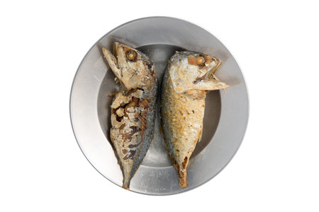 Fried mackerel on Stainless steel plate isolated on white backgroundの写真素材