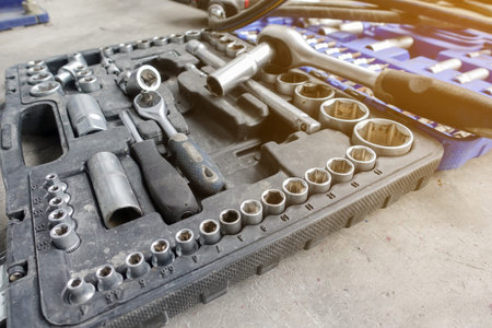 Closeup for wrench set in car garage