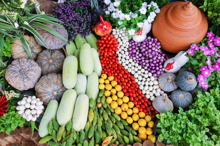 Colorful fruits and vegetables garden backgroundの写真素材