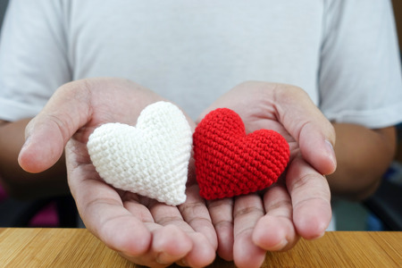 Red and white heart in man hands - giving red and white heartの写真素材