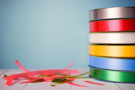 Stack of color ribbons on table with blue background
