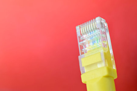 Close up of network cable on red background