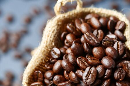 Close-up of Coffee beans in sack bagの写真素材