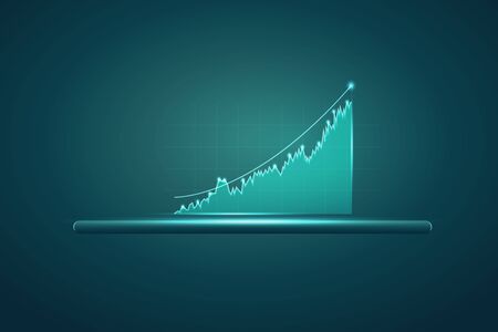 Tablet showing holographic graphs and stock market statistics gain profits. vector illustrationのイラスト素材