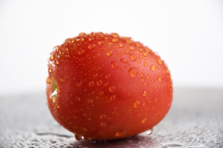 Fresh Tomato with dripping water. Ripe natural tomatoe close-up. Organic tomato on white backgroundの写真素材