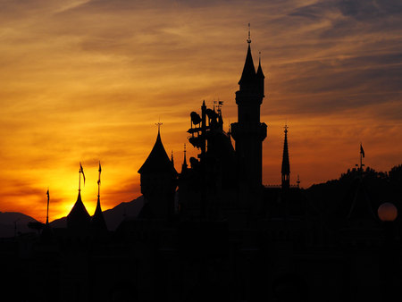 A silhouette castle in sunset.の写真素材