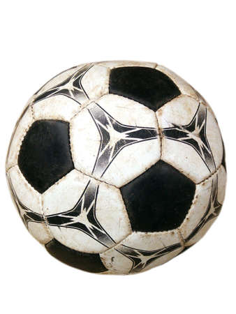 Old dirty soccer ball detail close-up isolated on white background. Macroの写真素材