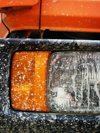 Front muddy truck light detail. Macro. Close-up