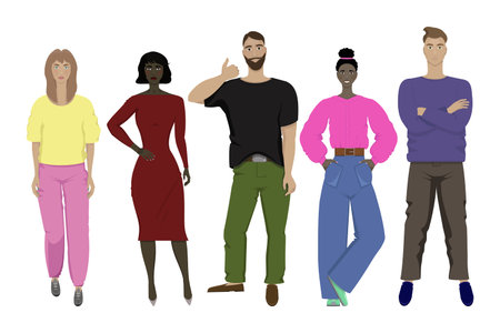 Set of five different people on a white background