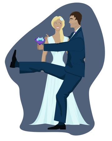 isolated image of bride and groom on purple and white background. Newlyweds are having fun and joking, the bride wants to take the groom in her armsのイラスト素材