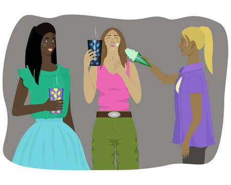 on a typical day, friends chat, joke, drink coffee and eat ice creamのイラスト素材